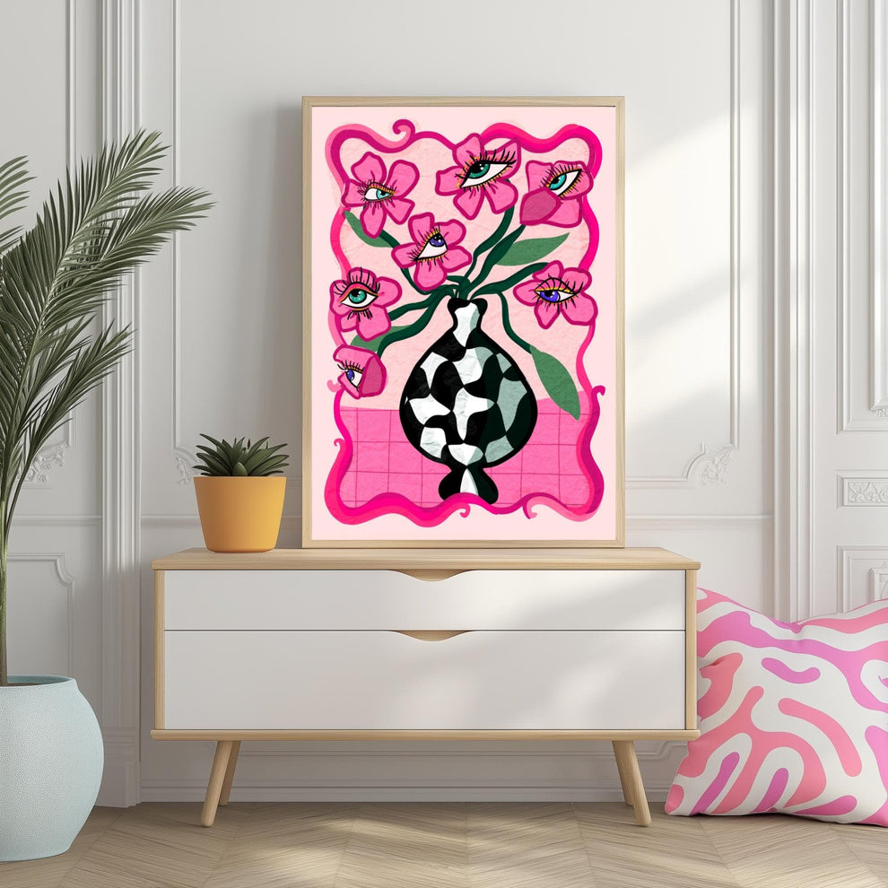 Pink Surreal Eye Flower Print – Funky Maximalist Wall Art – Pink Checkerboard Vase Poster – Trippy Retro Decor – Dopamine Aesthetic Eyeballs