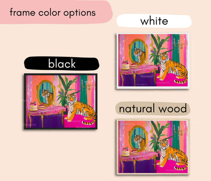 Glam Tiger Vanity Print – Horizontal Jungle Wall Art – Maximalist Animal Decor – Pink Dopamine Print – Over the Couch Statement Piece