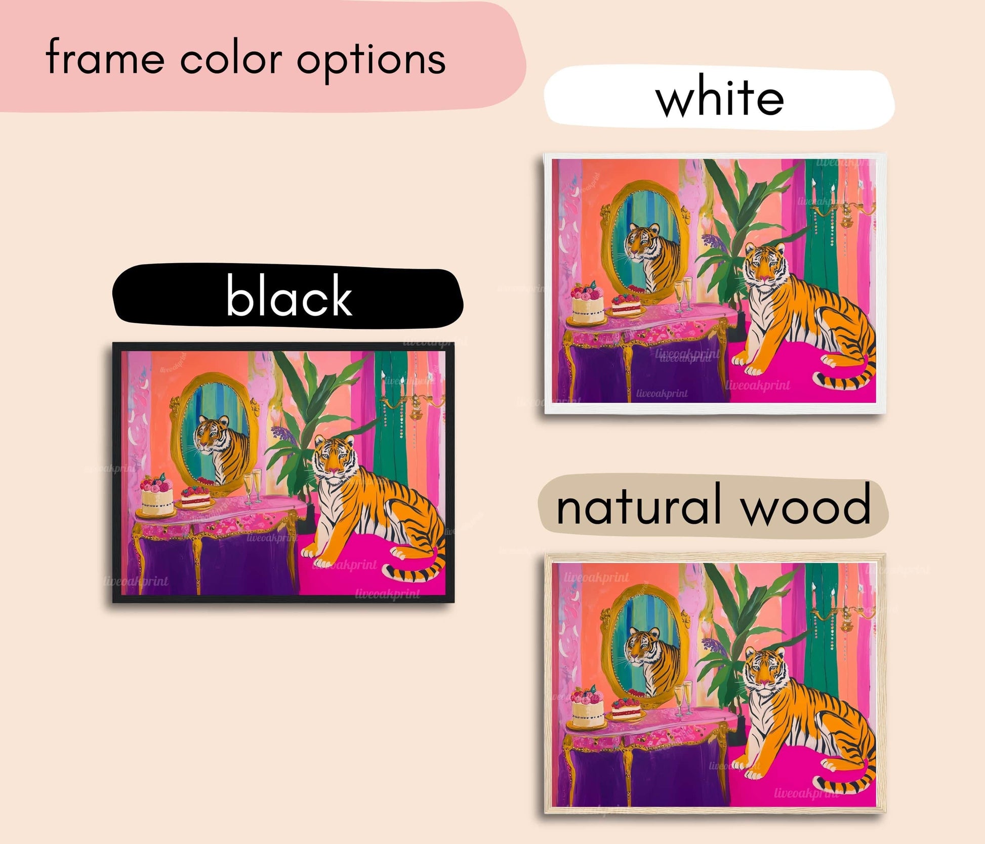 Glam Tiger Vanity Print – Horizontal Jungle Wall Art – Maximalist Animal Decor – Pink Dopamine Print – Over the Couch Statement Piece