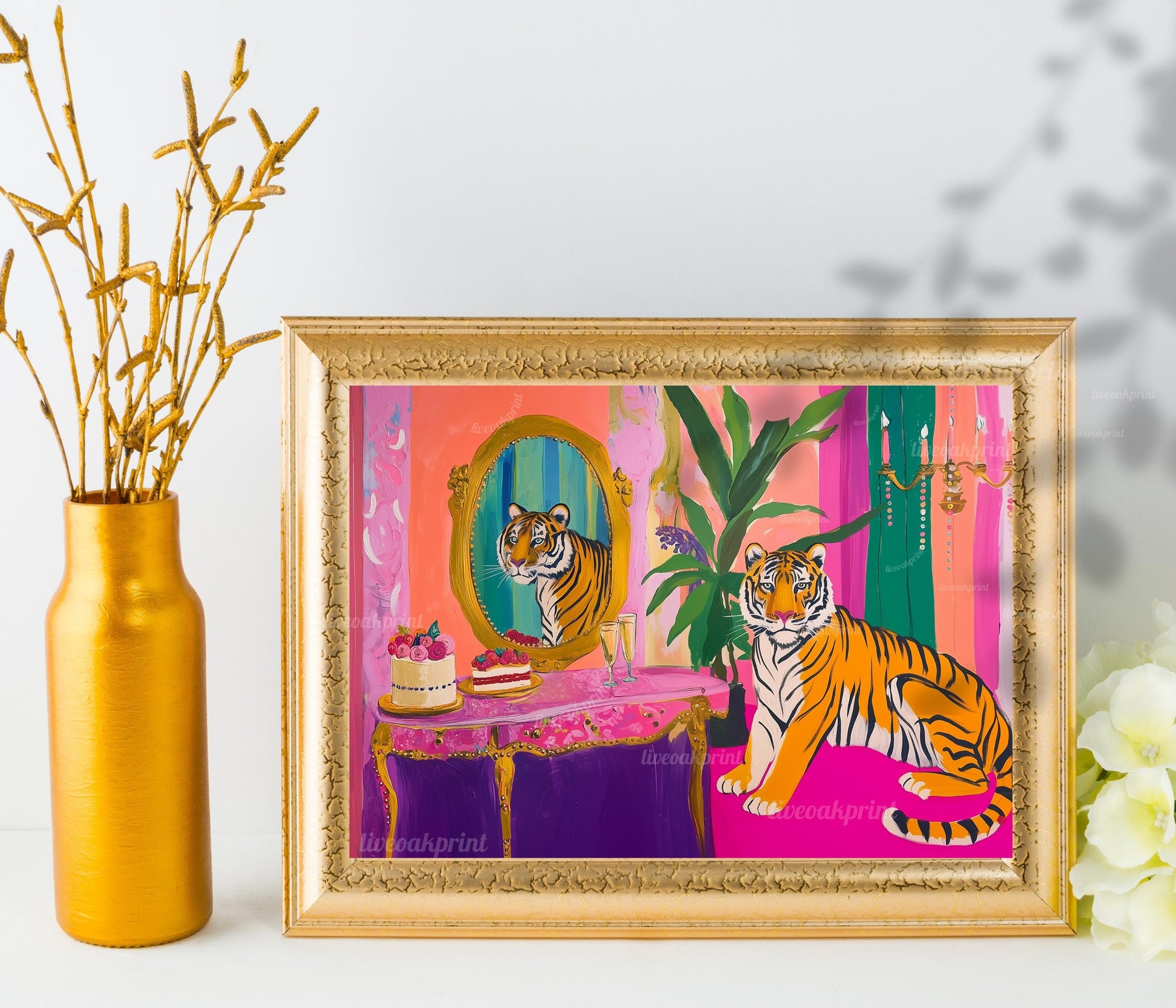 Glam Tiger Vanity Print – Horizontal Jungle Wall Art – Maximalist Animal Decor – Pink Dopamine Print – Over the Couch Statement Piece