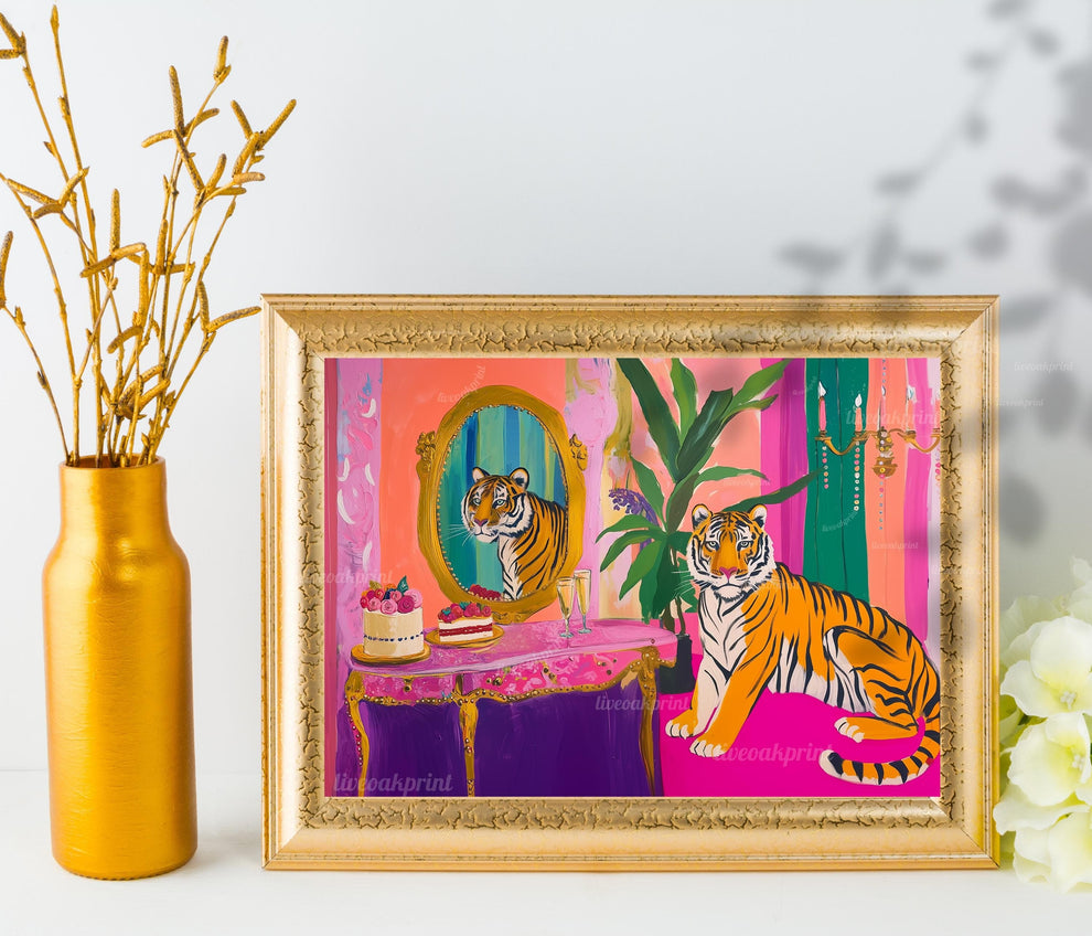 Glam Tiger Vanity Print – Horizontal Jungle Wall Art – Maximalist Animal Decor – Pink Dopamine Print – Over the Couch Statement Piece