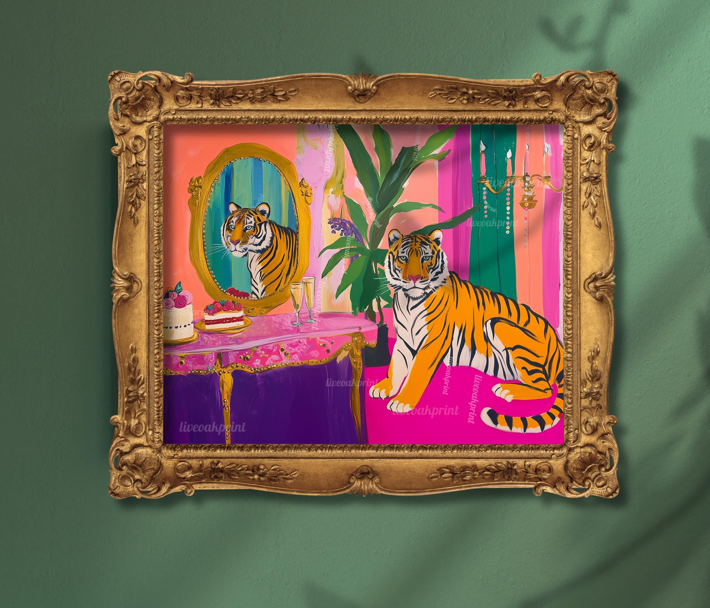 Glam Tiger Vanity Print – Horizontal Jungle Wall Art – Maximalist Animal Decor – Pink Dopamine Print – Over the Couch Statement Piece