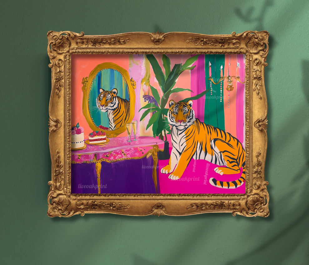 Glam Tiger Vanity Print – Horizontal Jungle Wall Art – Maximalist Animal Decor – Pink Dopamine Print – Over the Couch Statement Piece