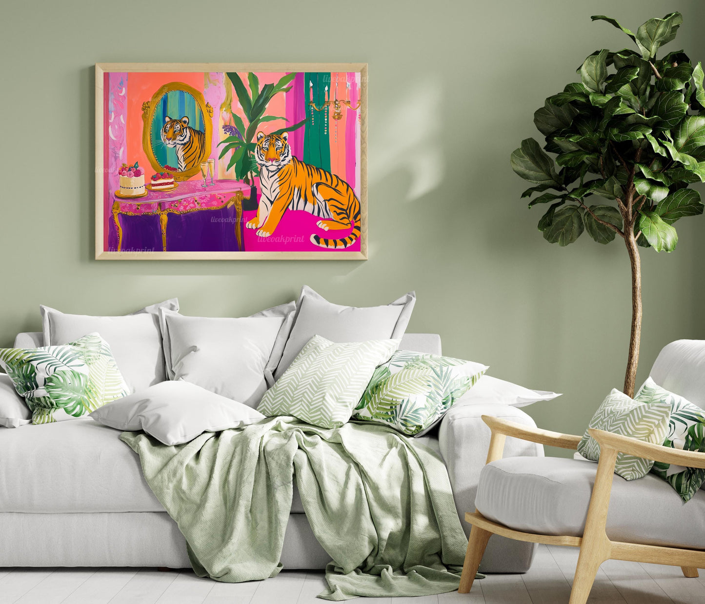 Glam Tiger Vanity Print – Horizontal Jungle Wall Art – Maximalist Animal Decor – Pink Dopamine Print – Over the Couch Statement Piece