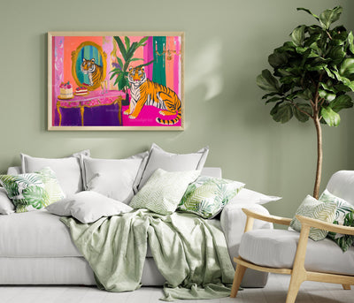 Glam Tiger Vanity Print – Horizontal Jungle Wall Art – Maximalist Animal Decor – Pink Dopamine Print – Over the Couch Statement Piece