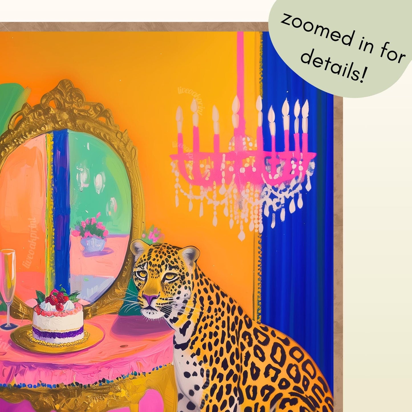 Leopard Vanity Print – Maximalist Glam Wall Art – Bold Jungle Decor – Dopamine Birthday Cake Print – Checkerboard Pop Art Poster