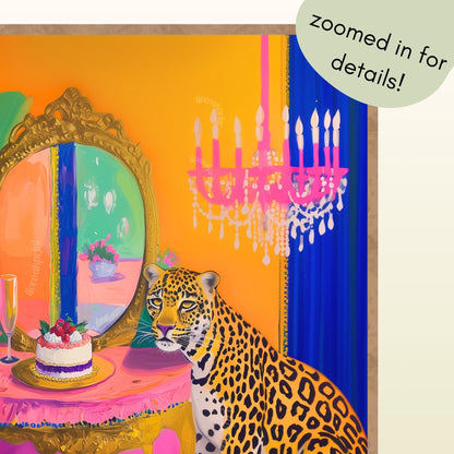 Leopard Vanity Print – Maximalist Glam Wall Art – Bold Jungle Decor – Dopamine Birthday Cake Print – Checkerboard Pop Art Poster