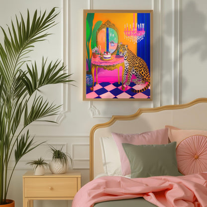 Leopard Vanity Print – Maximalist Glam Wall Art – Bold Jungle Decor – Dopamine Birthday Cake Print – Checkerboard Pop Art Poster