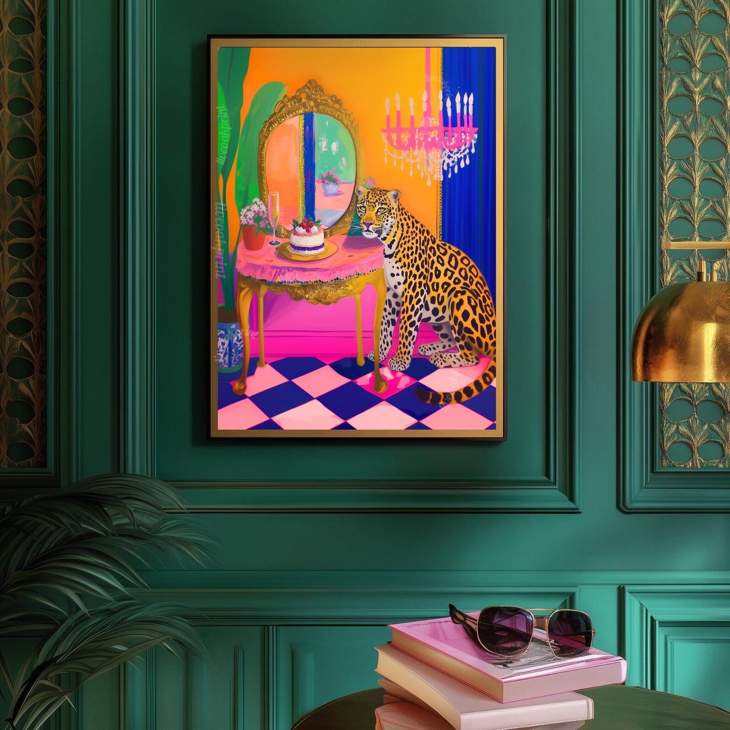 Leopard Vanity Print – Maximalist Glam Wall Art – Bold Jungle Decor – Dopamine Birthday Cake Print – Checkerboard Pop Art Poster