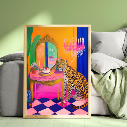 Leopard Vanity Print – Maximalist Glam Wall Art – Bold Jungle Decor – Dopamine Birthday Cake Print – Checkerboard Pop Art Poster