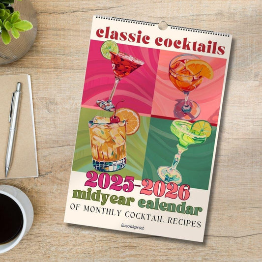2025–2026 Cocktail Calendar | Midyear Monthly Recipe Calendar | Cocktail Art Print | Home Bar Decor | Mixology Gift for Bartenders