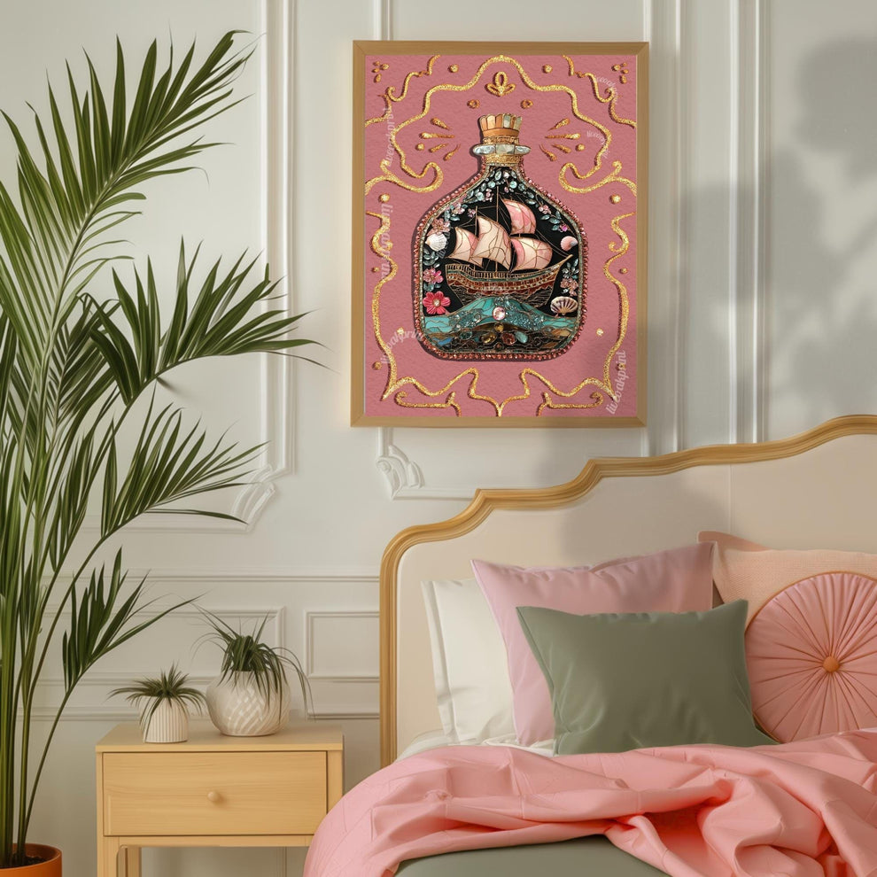 Ship in a Bottle Art Print – Pink Coastal Wall Art – Nautical Girlcore Decor – Maritime Aesthetic – Ocean Fantasy Print – Whimsical Sea Art