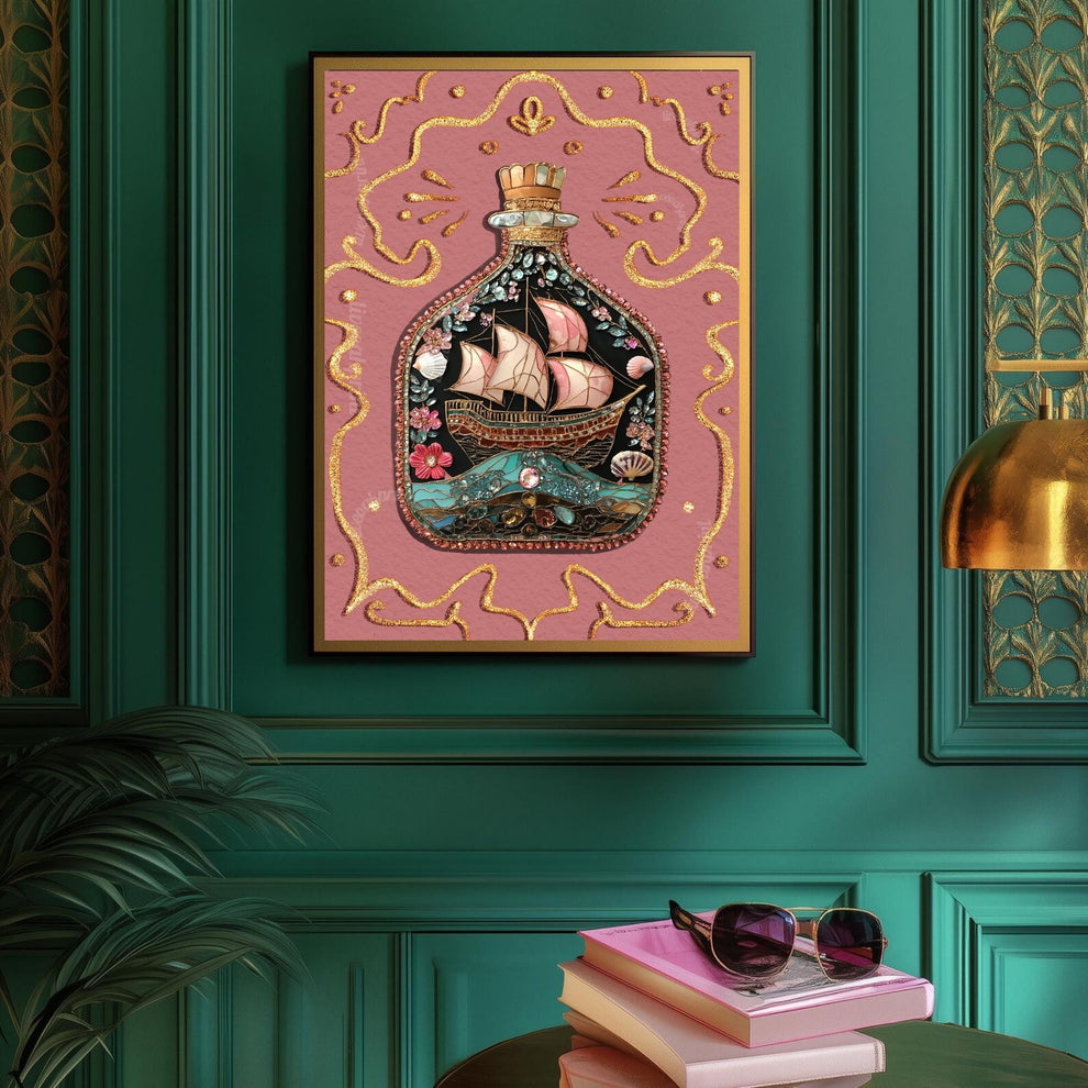 Ship in a Bottle Art Print – Pink Coastal Wall Art – Nautical Girlcore Decor – Maritime Aesthetic – Ocean Fantasy Print – Whimsical Sea Art