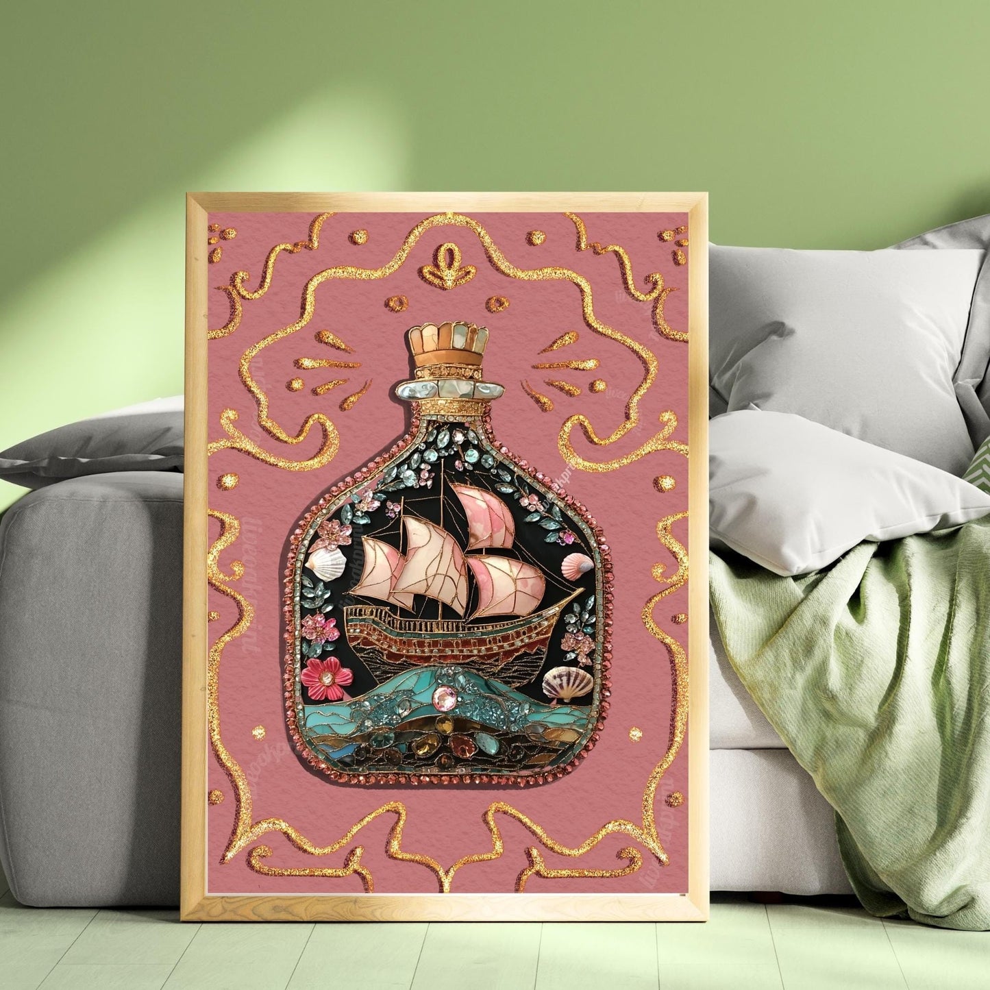 Ship in a Bottle Art Print – Pink Coastal Wall Art – Nautical Girlcore Decor – Maritime Aesthetic – Ocean Fantasy Print – Whimsical Sea Art