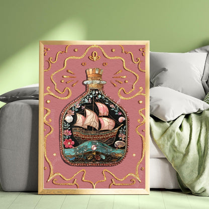 Ship in a Bottle Art Print – Pink Coastal Wall Art – Nautical Girlcore Decor – Maritime Aesthetic – Ocean Fantasy Print – Whimsical Sea Art