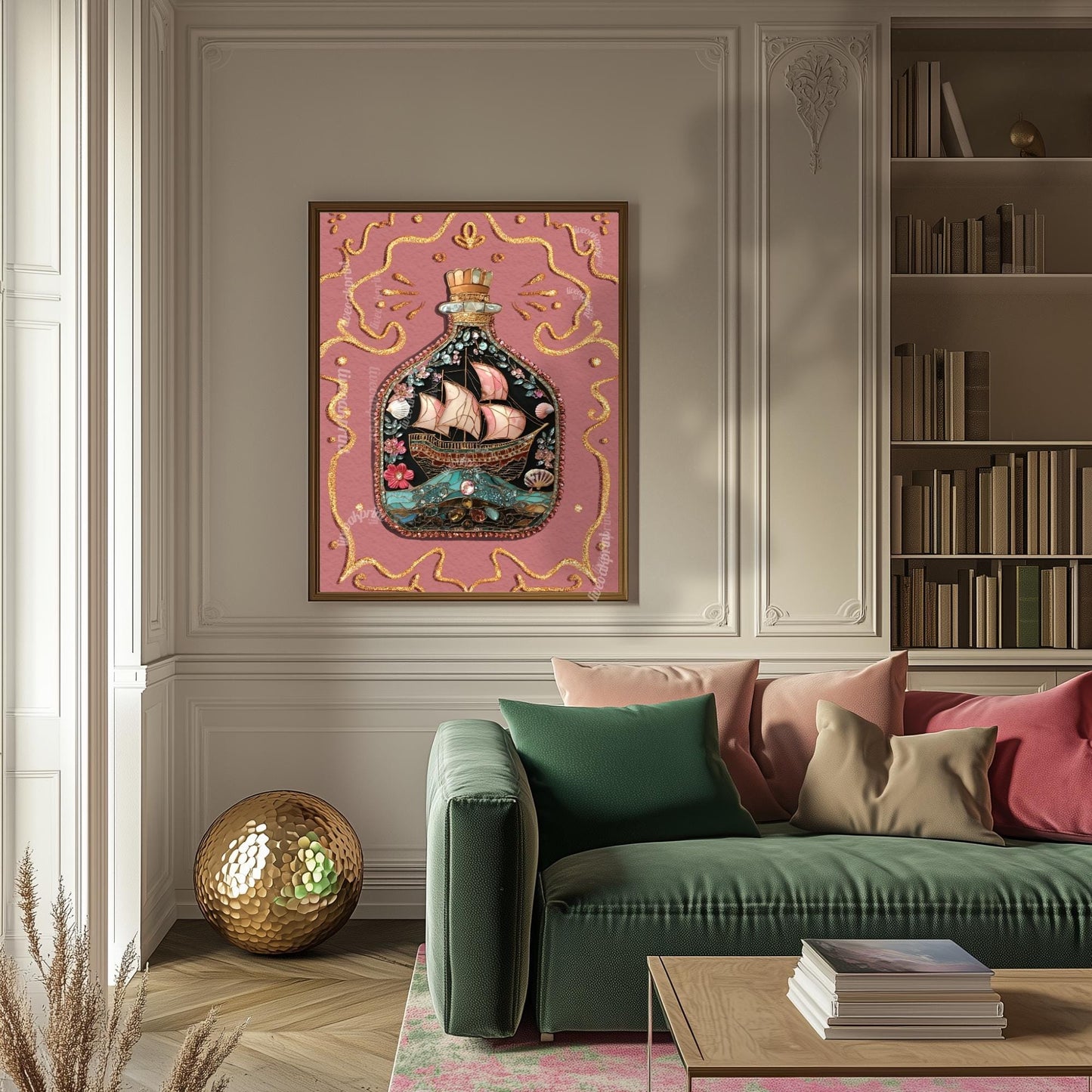 Ship in a Bottle Art Print – Pink Coastal Wall Art – Nautical Girlcore Decor – Maritime Aesthetic – Ocean Fantasy Print – Whimsical Sea Art