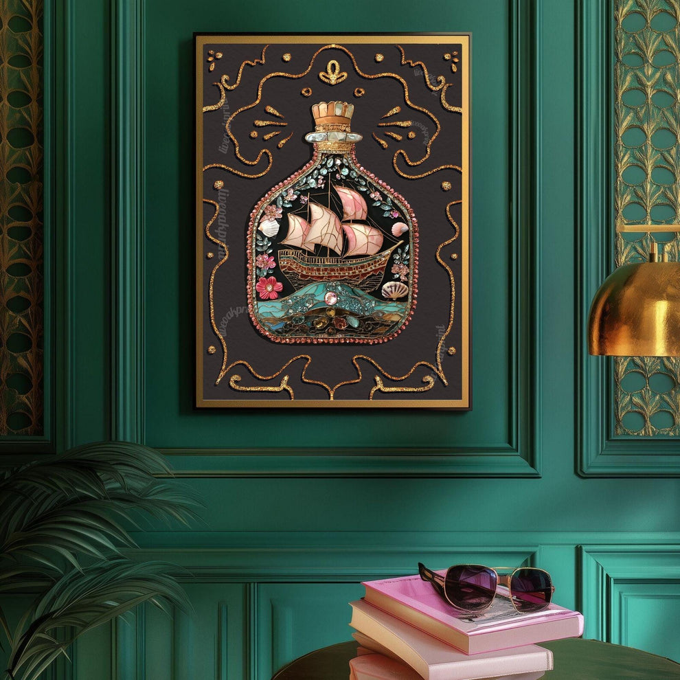 Ship in a Bottle Art Print – Coastal Wall Art – Dark Nautical Decor – Whimsical Ocean Poster – Maritime Fantasy Print – Maximalist Beach Art