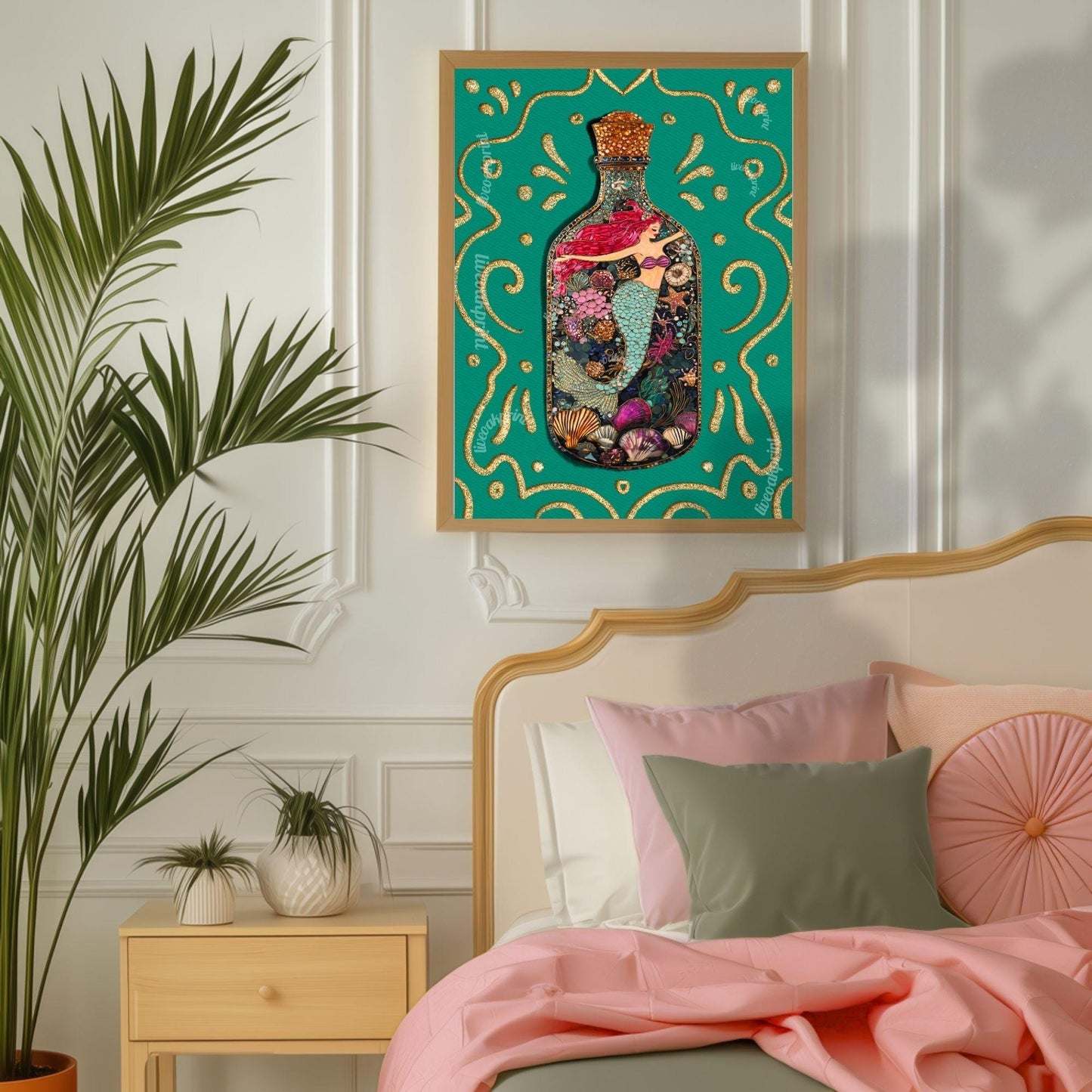 Mermaid in a Bottle Art Print – Coastal Wall Decor – Whimsical Ocean Print – Teal Mermaid Poster – Nautical Fantasy Wall Art