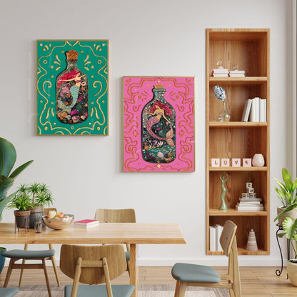 Mermaid in a Bottle Art Print – Coastal Wall Decor – Whimsical Ocean Print – Teal Mermaid Poster – Nautical Fantasy Wall Art