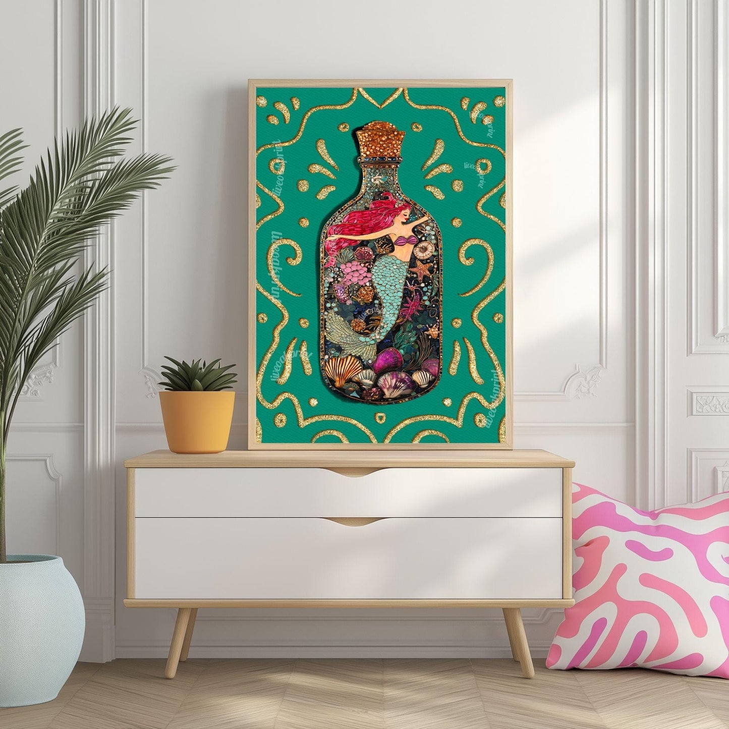 Mermaid in a Bottle Art Print – Coastal Wall Decor – Whimsical Ocean Print – Teal Mermaid Poster – Nautical Fantasy Wall Art