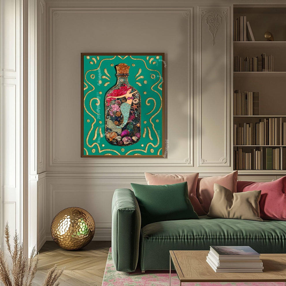 Mermaid in a Bottle Art Print – Coastal Wall Decor – Whimsical Ocean Print – Teal Mermaid Poster – Nautical Fantasy Wall Art