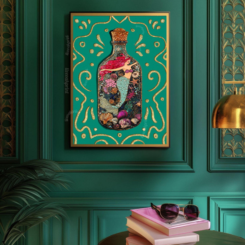 Mermaid in a Bottle Art Print – Coastal Wall Decor – Whimsical Ocean Print – Teal Mermaid Poster – Nautical Fantasy Wall Art