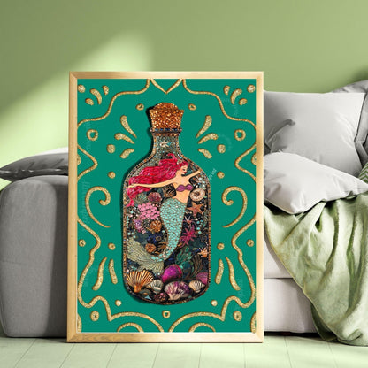 Mermaid in a Bottle Art Print – Coastal Wall Decor – Whimsical Ocean Print – Teal Mermaid Poster – Nautical Fantasy Wall Art