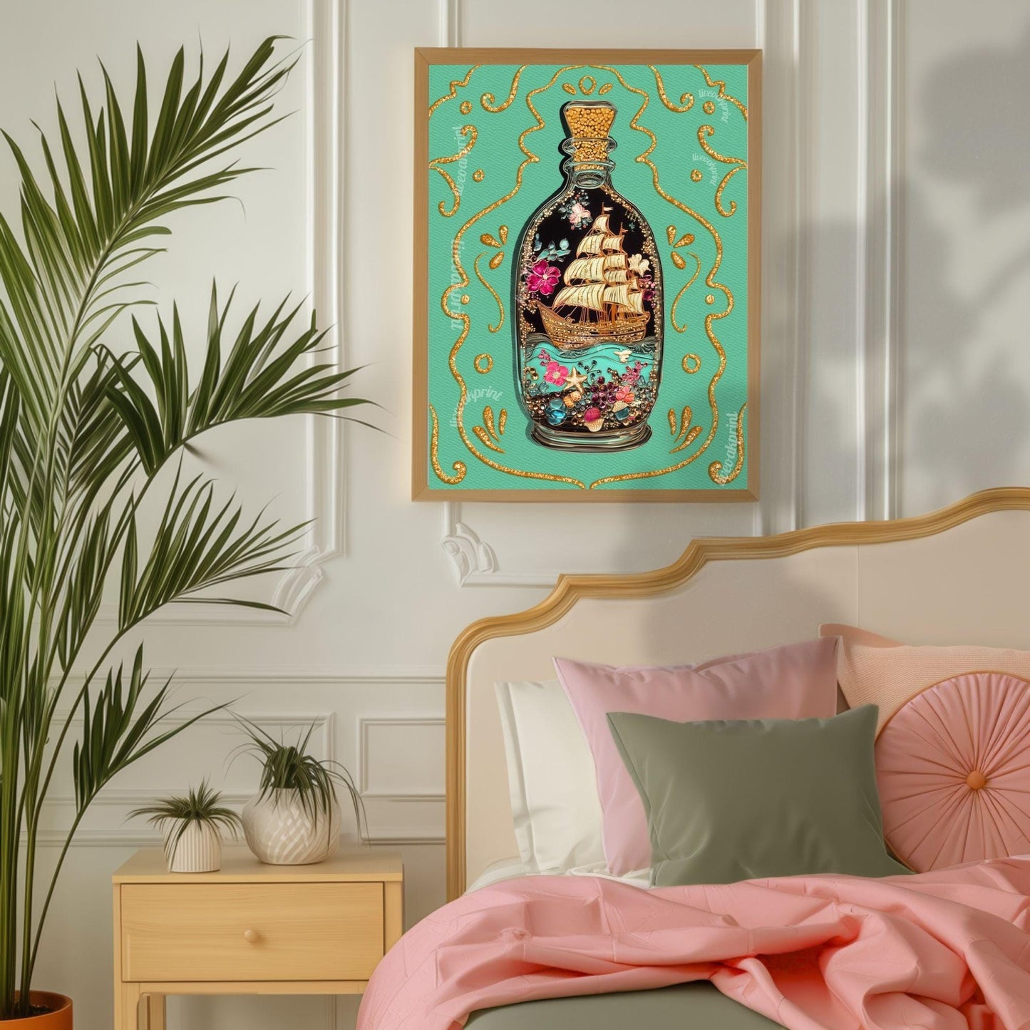 Ship in a Bottle Art Print – Coastal Wall Art – Dark Nautical Decor – Whimsical Ocean Poster – Maritime Fantasy Print – Maximalist Beach Art
