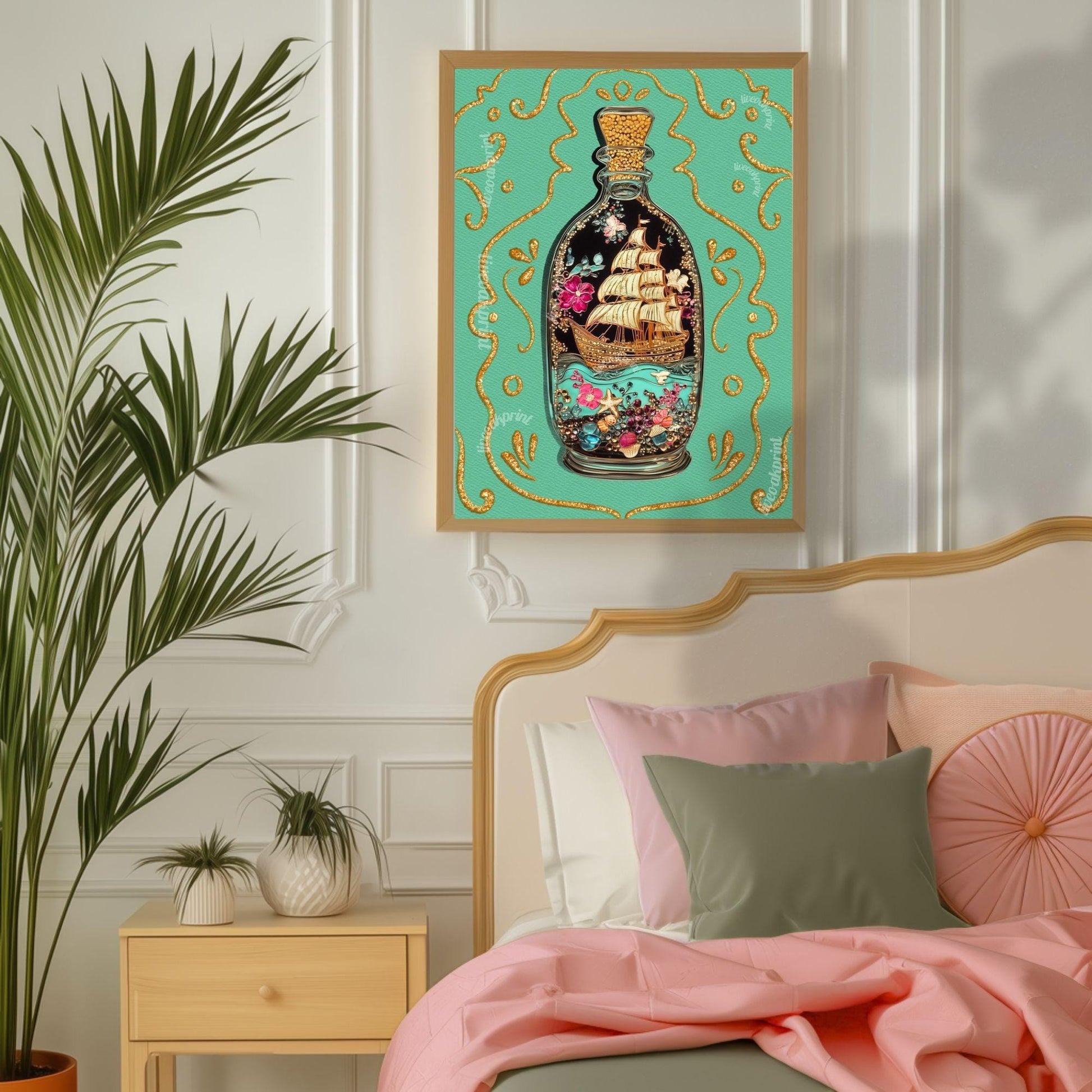 Ship in a Bottle Art Print – Coastal Wall Art – Dark Nautical Decor – Whimsical Ocean Poster – Maritime Fantasy Print – Maximalist Beach Art