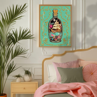 Ship in a Bottle Art Print – Coastal Wall Art – Dark Nautical Decor – Whimsical Ocean Poster – Maritime Fantasy Print – Maximalist Beach Art