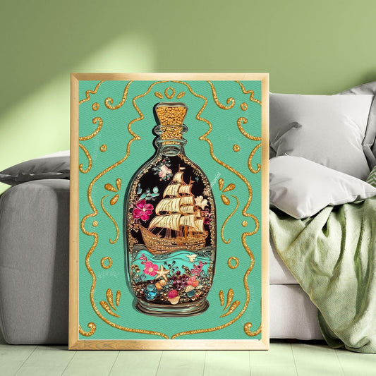 Ship in a Bottle Art Print – Coastal Wall Art – Dark Nautical Decor – Whimsical Ocean Poster – Maritime Fantasy Print – Maximalist Beach Art