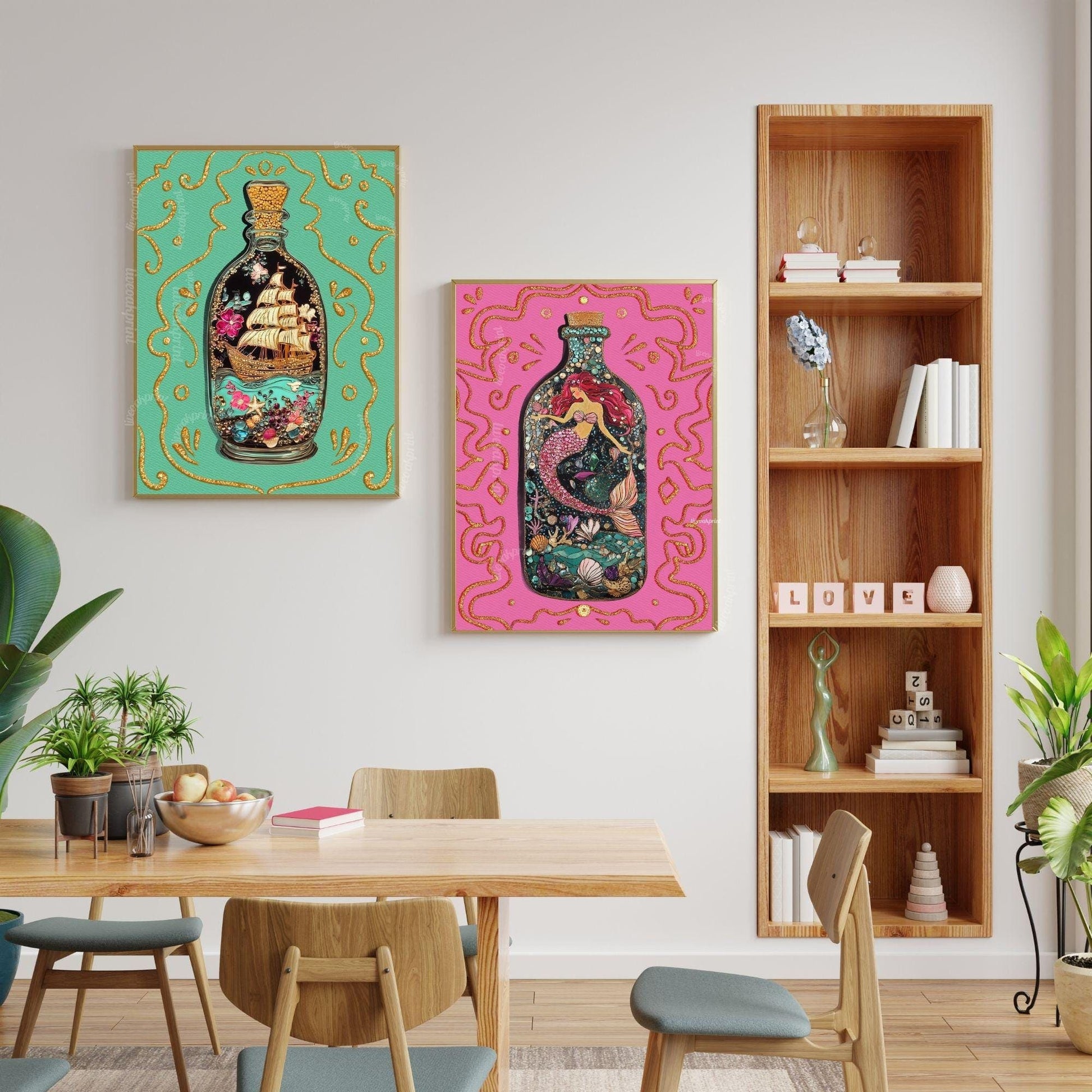 Ship in a Bottle Art Print – Coastal Wall Art – Dark Nautical Decor – Whimsical Ocean Poster – Maritime Fantasy Print – Maximalist Beach Art
