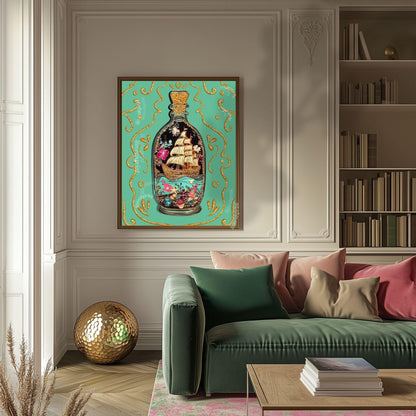 Ship in a Bottle Art Print – Coastal Wall Art – Dark Nautical Decor – Whimsical Ocean Poster – Maritime Fantasy Print – Maximalist Beach Art