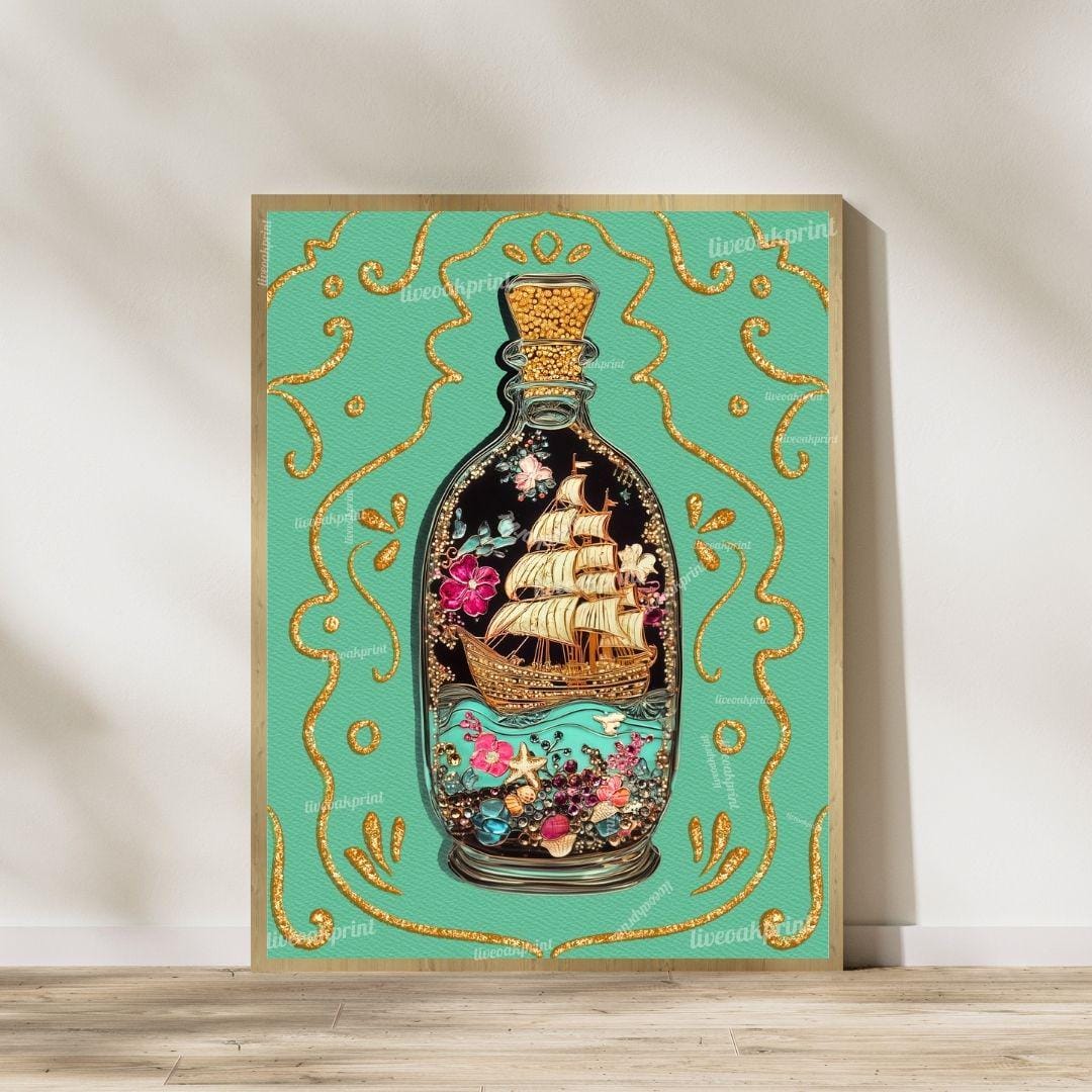 Mermaid & Ship in a Bottle Wall Art Set – Coastal Bathroom Decor – Ocean Aesthetic Prints – Teal Nautical Art – Sailing Wall Art Set