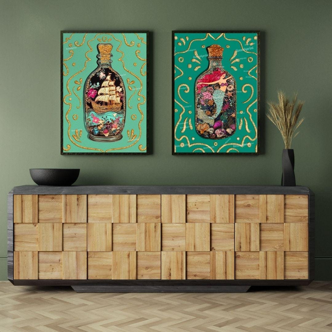 Mermaid & Ship in a Bottle Wall Art Set – Coastal Bathroom Decor – Ocean Aesthetic Prints – Teal Nautical Art – Sailing Wall Art Set