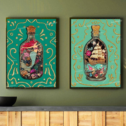 Mermaid & Ship in a Bottle Wall Art Set – Coastal Bathroom Decor – Ocean Aesthetic Prints – Teal Nautical Art – Sailing Wall Art Set