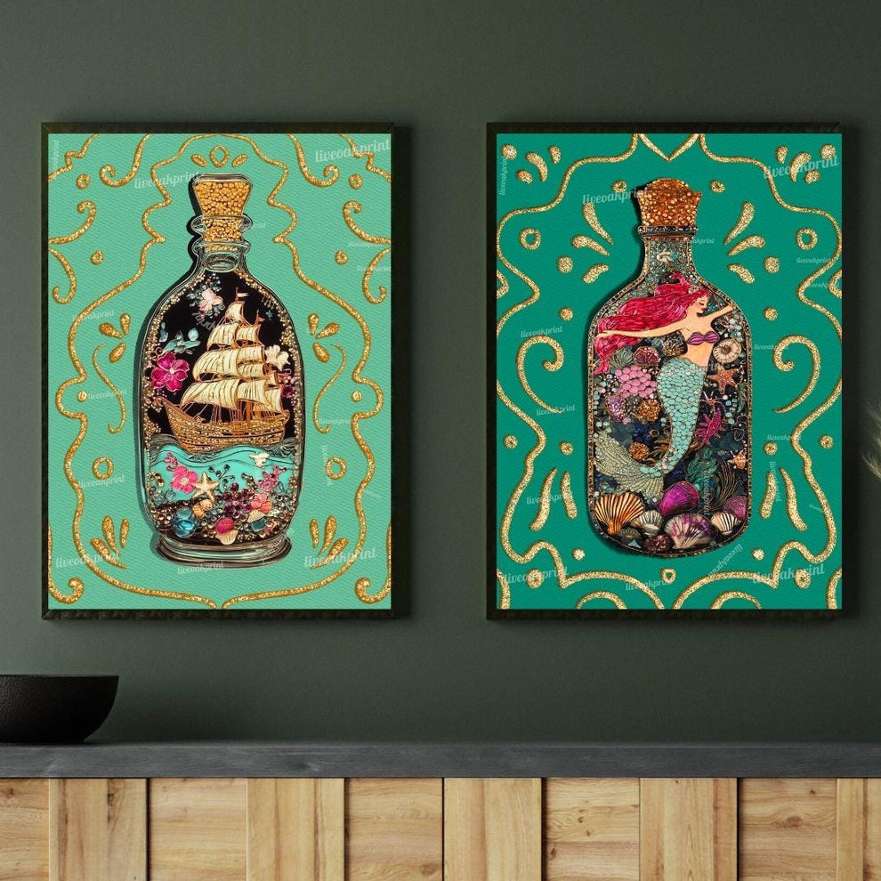 Mermaid & Ship in a Bottle Wall Art Set – Coastal Bathroom Decor – Ocean Aesthetic Prints – Teal Nautical Art – Sailing Wall Art Set