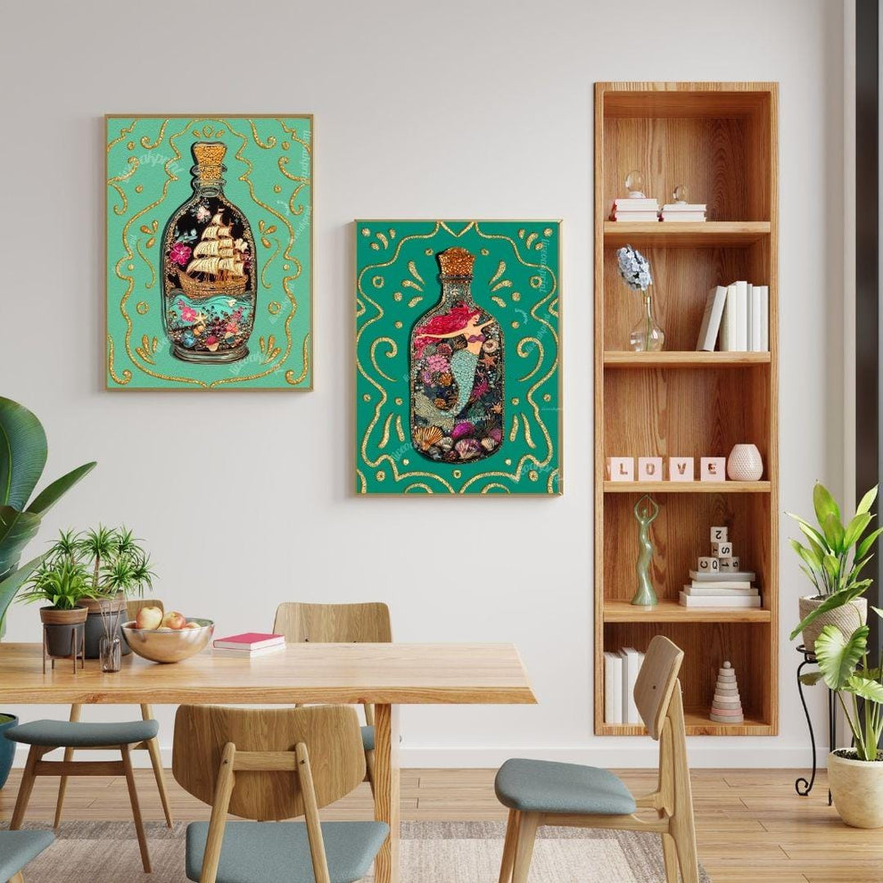 Mermaid & Ship in a Bottle Wall Art Set – Coastal Bathroom Decor – Ocean Aesthetic Prints – Teal Nautical Art – Sailing Wall Art Set