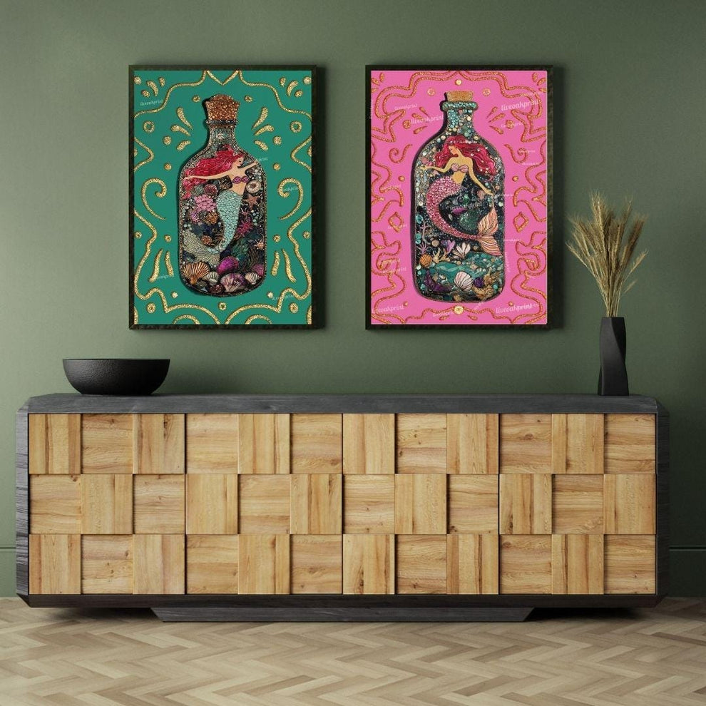 Mermaid Art Set – Pink & Teal Ocean Wall Art – Coastal Bathroom Decor – Mermaidcore Aesthetic – Dopamine Decor Prints