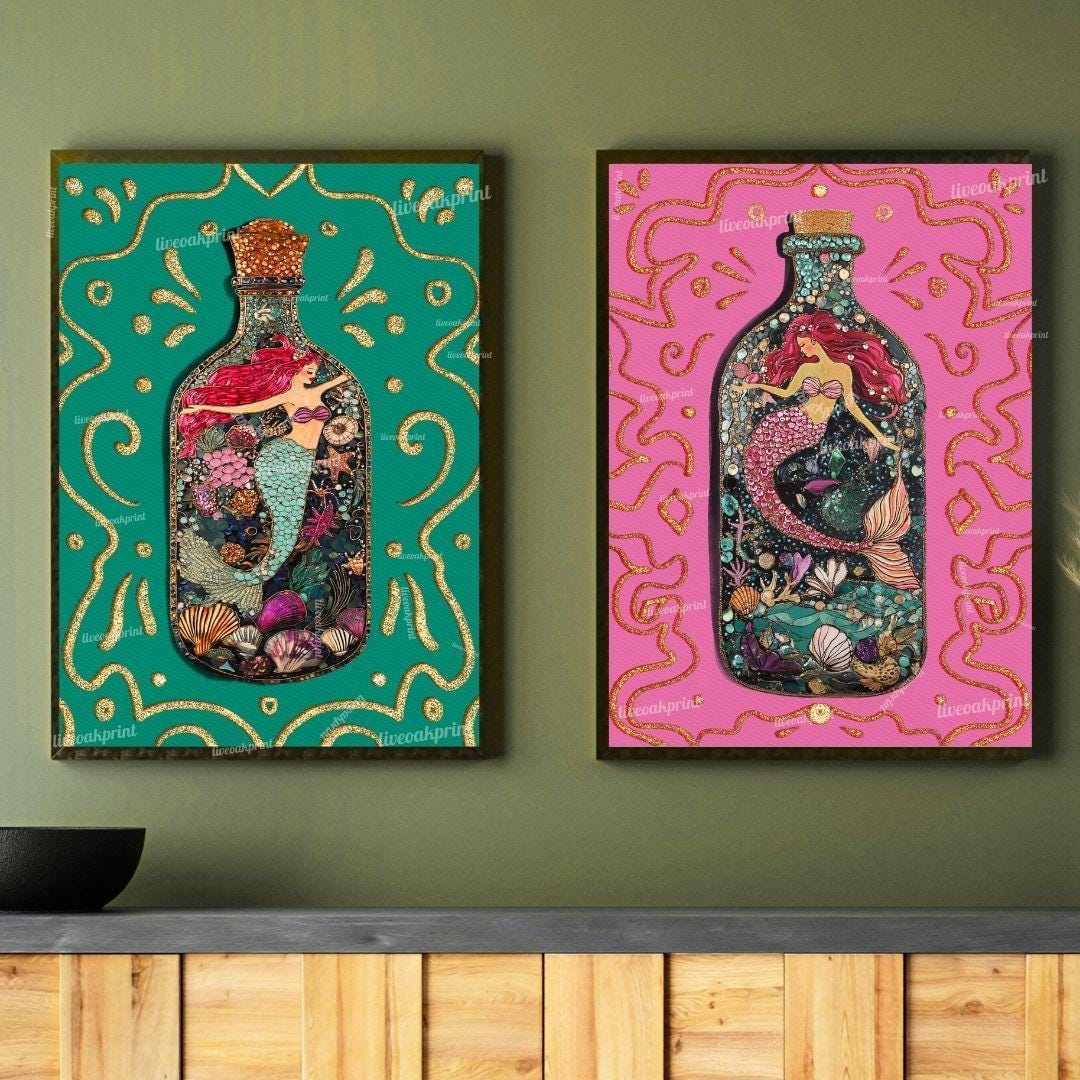 Mermaid Art Set – Pink & Teal Ocean Wall Art – Coastal Bathroom Decor – Mermaidcore Aesthetic – Dopamine Decor Prints