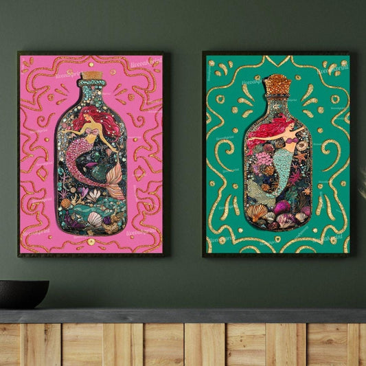 Mermaid Art Set – Pink & Teal Ocean Wall Art – Coastal Bathroom Decor – Mermaidcore Aesthetic – Dopamine Decor Prints