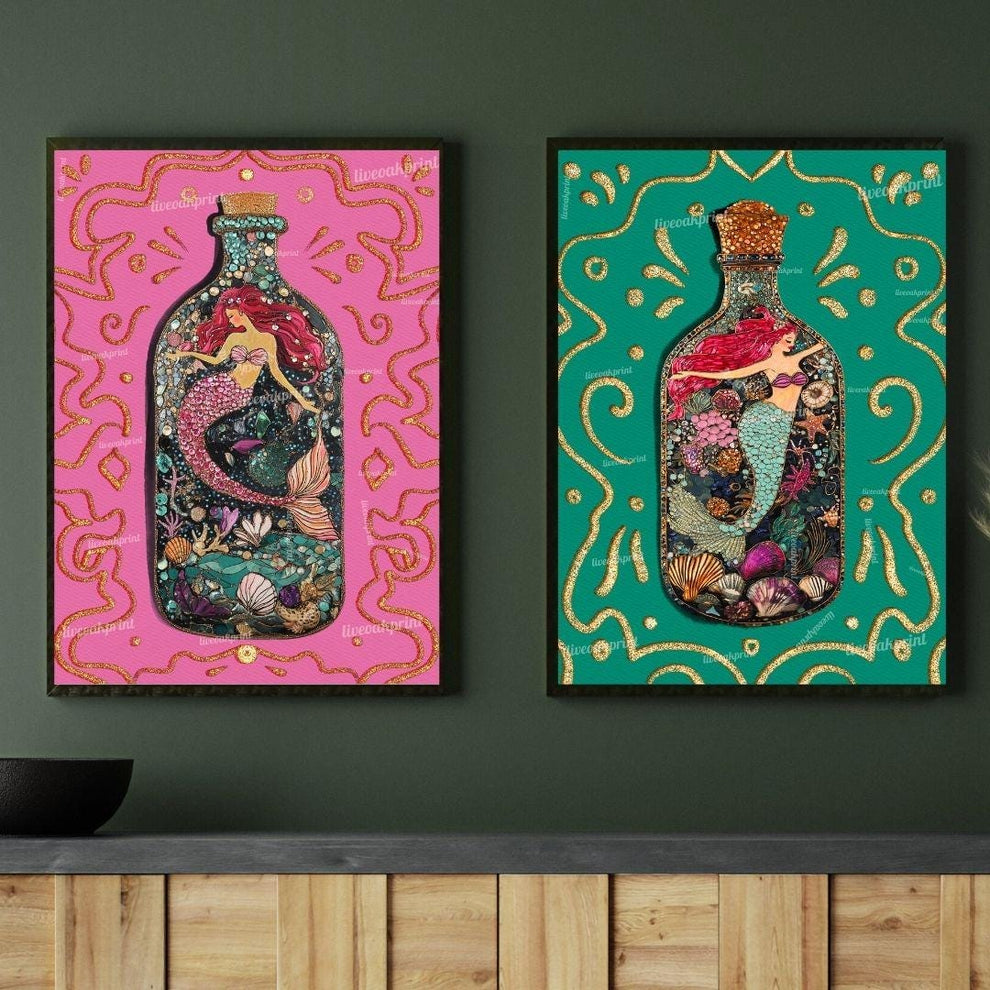 Mermaid Art Set – Pink & Teal Ocean Wall Art – Coastal Bathroom Decor – Mermaidcore Aesthetic – Dopamine Decor Prints