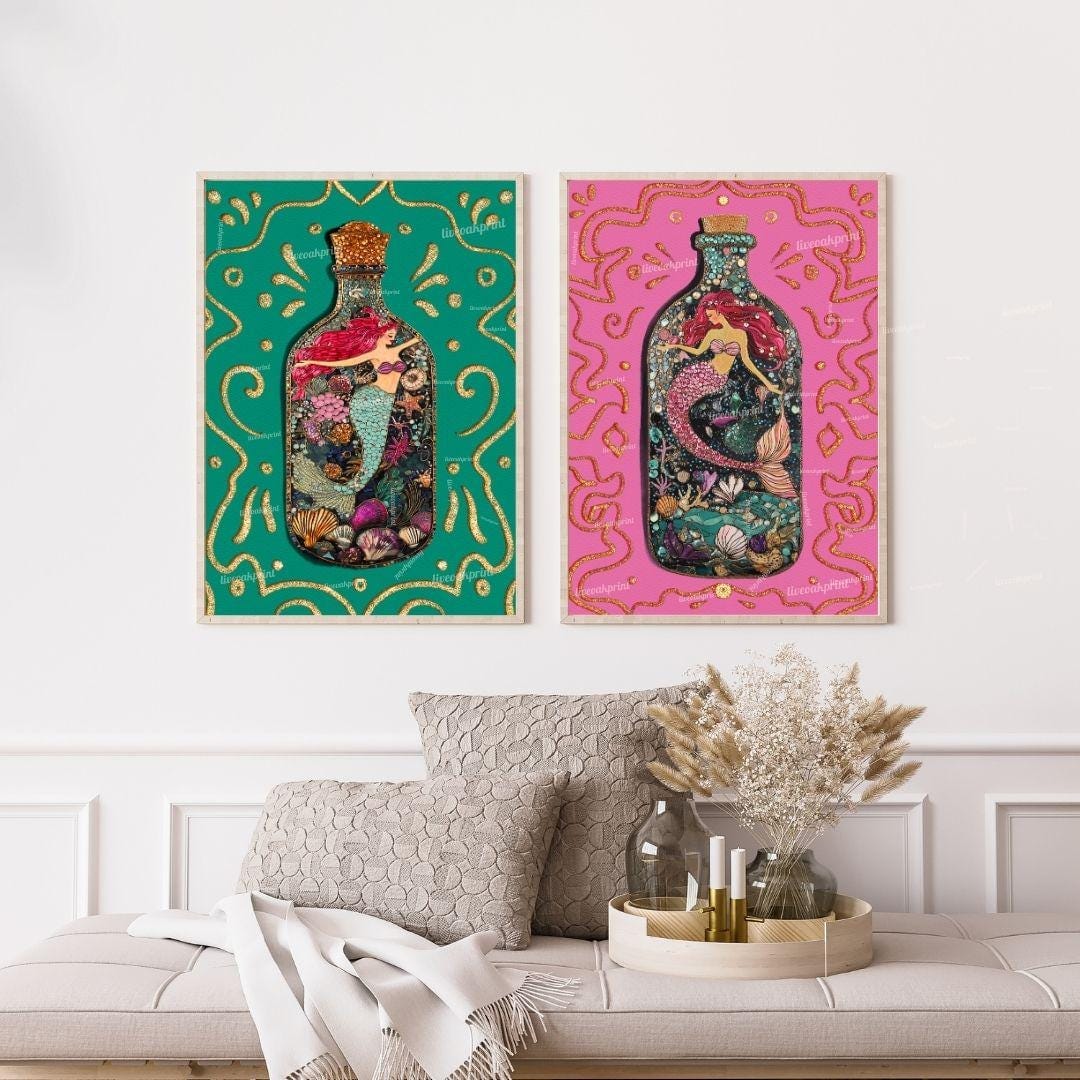 Mermaid Art Set – Pink & Teal Ocean Wall Art – Coastal Bathroom Decor – Mermaidcore Aesthetic – Dopamine Decor Prints