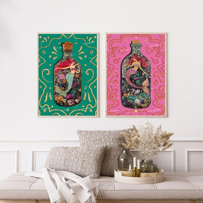 Mermaid Art Set – Pink & Teal Ocean Wall Art – Coastal Bathroom Decor – Mermaidcore Aesthetic – Dopamine Decor Prints