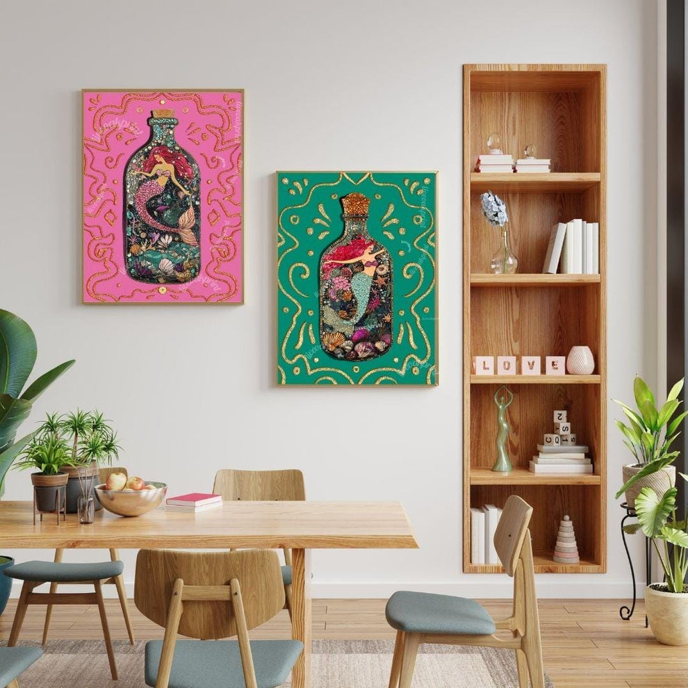 Mermaid Art Set – Pink & Teal Ocean Wall Art – Coastal Bathroom Decor – Mermaidcore Aesthetic – Dopamine Decor Prints