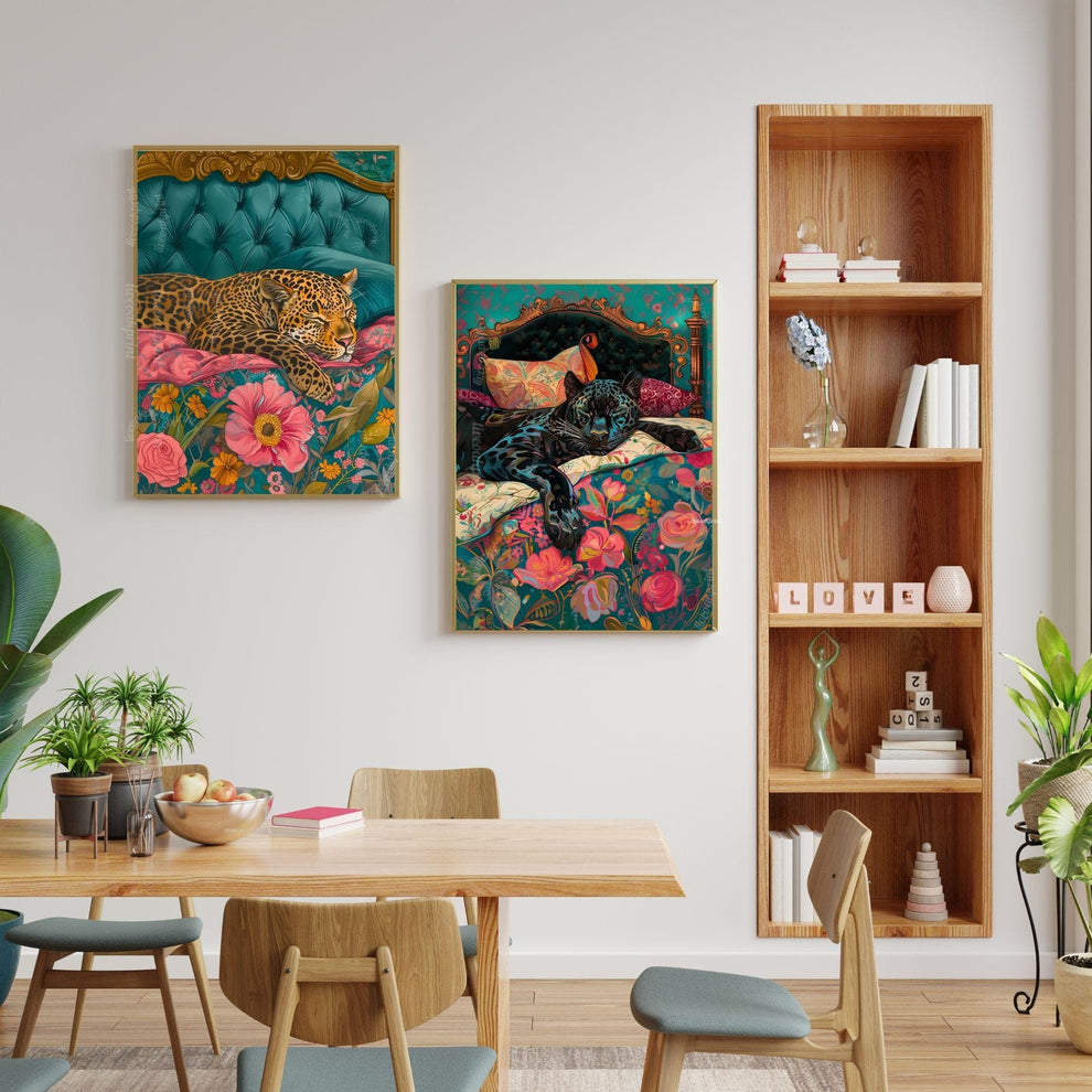 Sleeping Leopard Art Print – Maximalist Animal Wall Art – Floral Bedroom Decor – Vintage Glam Home Print – Junglecore Aesthetic