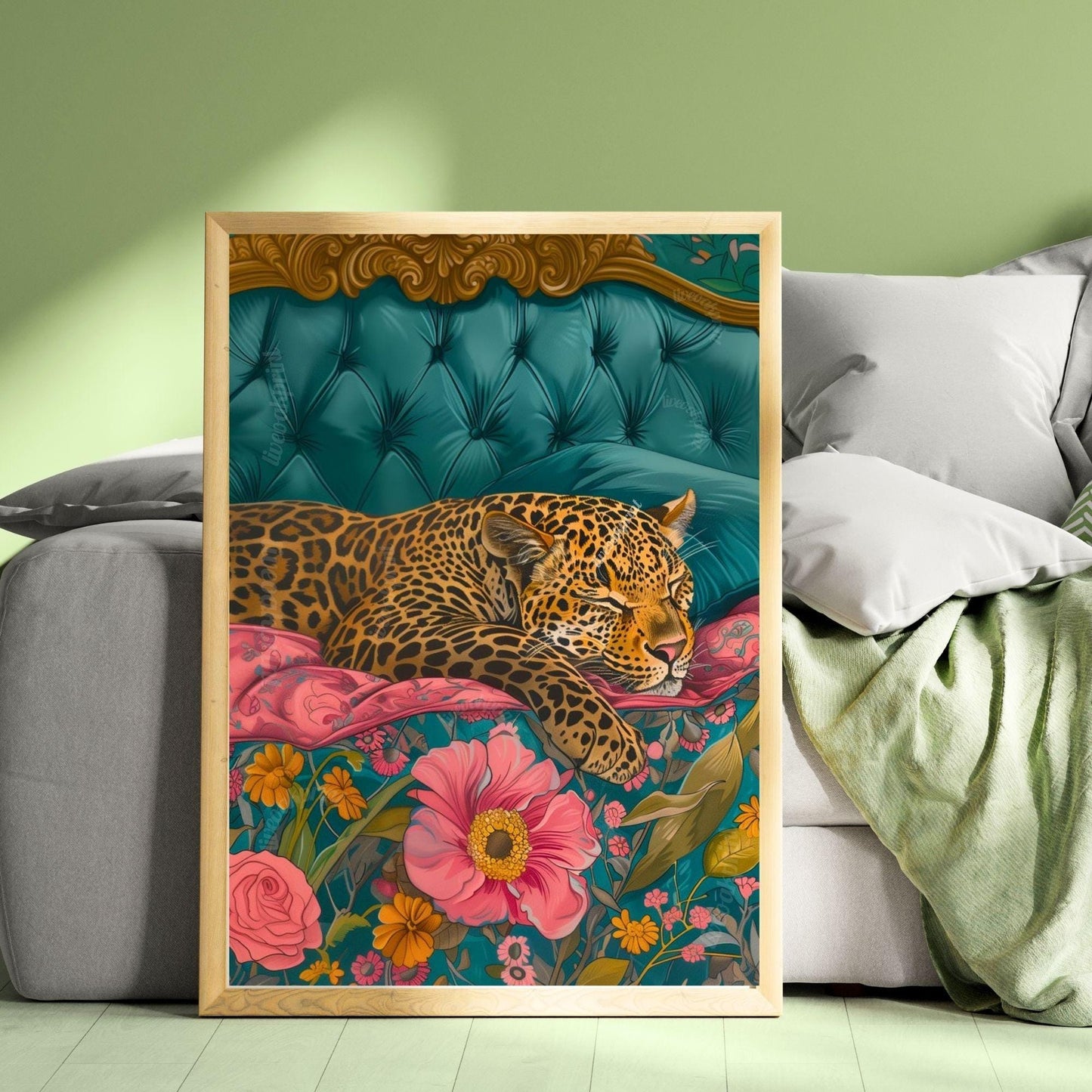 Sleeping Leopard Art Print – Maximalist Animal Wall Art – Floral Bedroom Decor – Vintage Glam Home Print – Junglecore Aesthetic