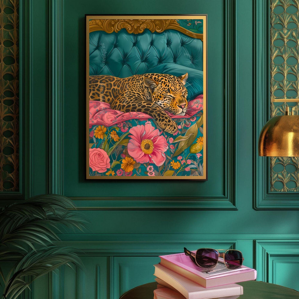 Sleeping Leopard Art Print – Maximalist Animal Wall Art – Floral Bedroom Decor – Vintage Glam Home Print – Junglecore Aesthetic