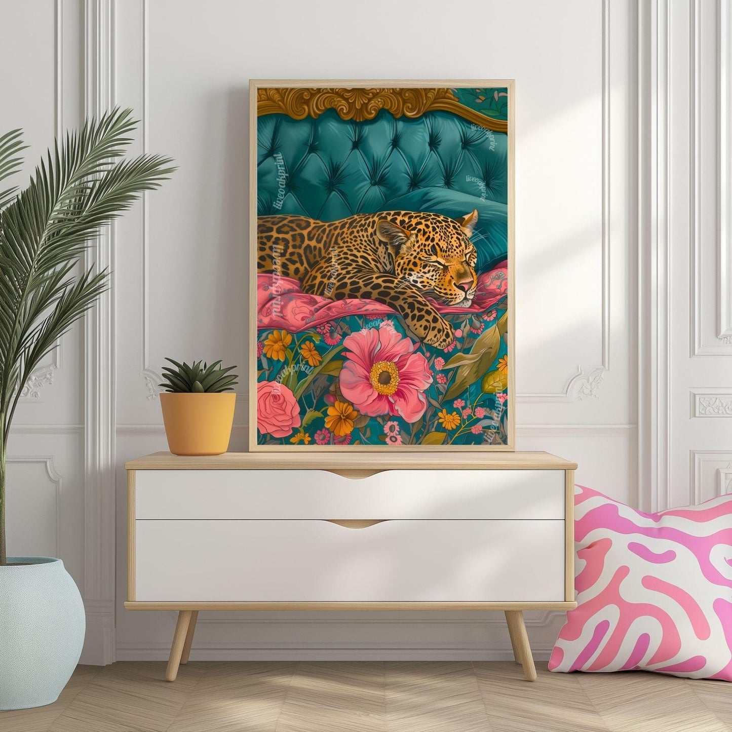 Sleeping Leopard Art Print – Maximalist Animal Wall Art – Floral Bedroom Decor – Vintage Glam Home Print – Junglecore Aesthetic