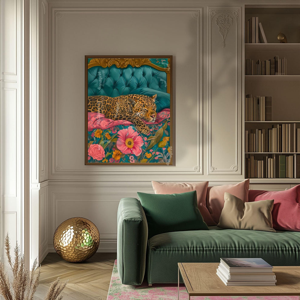 Sleeping Leopard Art Print – Maximalist Animal Wall Art – Floral Bedroom Decor – Vintage Glam Home Print – Junglecore Aesthetic